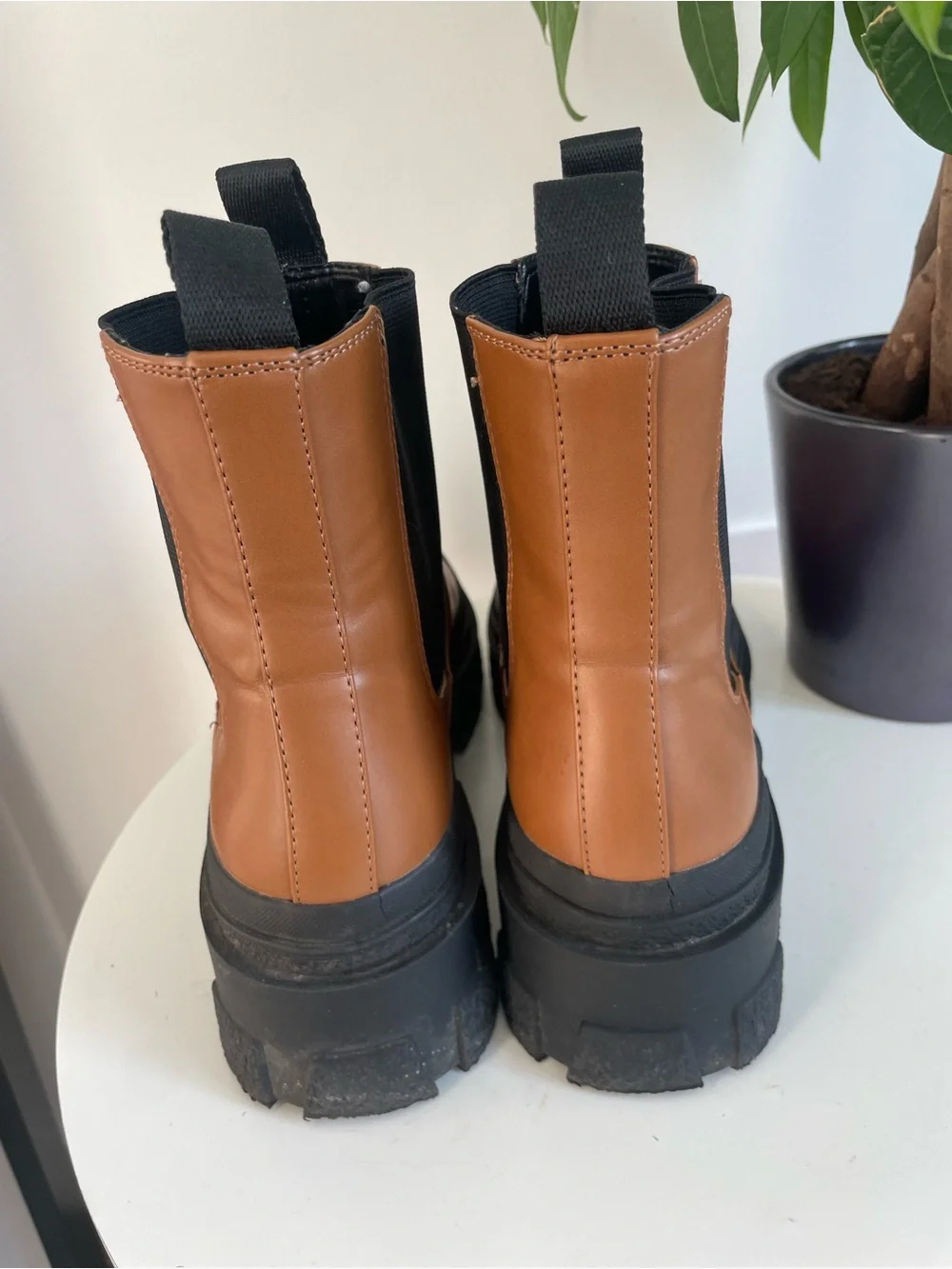 Women Size 8.5 ZARA Brown Faux Leather Ankle Chelsea Boots Platform Track Sole